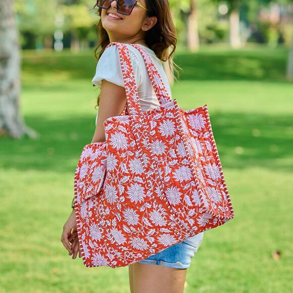 Anju Quilted Block-Printed Tote Bag w/Pouch, Orange Botanicals Boho Artisan Flor - Picture 5 of 5